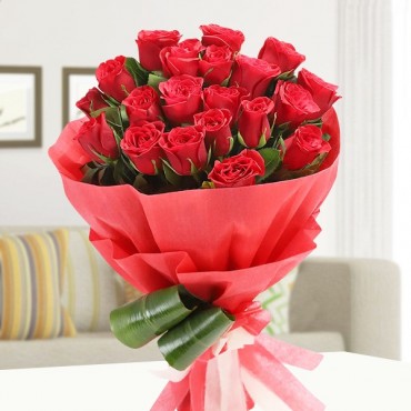 Bouquet of 20 Red Roses in Red Paper Packing 