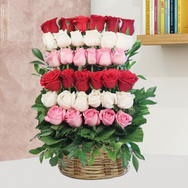 Red, Pink & White Roses Basket 